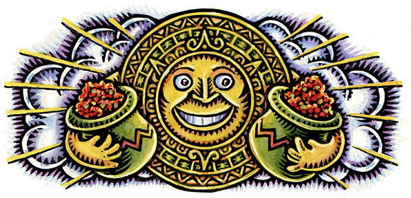 (Aztec Sun Dial with jars of salsa)