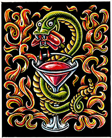 (Snake biting pepper, wrapped around martini glass)