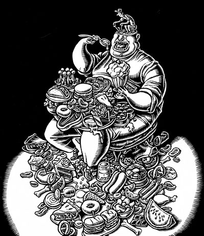 7 Sins: Gluttony (man eating piles of food) It's one thing to eat a pint of Ben & Jerry's once in a while, but real gluttony is a sort of detachment from the body. I was hoping they'd go with ideas that implied this. In the one they approved, we have a little homunculus running the big body, but he's not getting any satisfaction, he's still a skinny bolink. I sometimes wonder if anyone looks at these illustrations long enough to notice what I'm driving at... oh well! I just do the best I can.