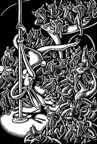 7 Sins: Lust (rabbit stripper, wolf audience) I was very pleased with the way this one turned out... sometimes you think and think, and come up with ideas, and then they choose the last one you came up with. But of course, the reason you stop coming up with ideas is because you've come up with the PERFECT idea. The rabbit stripper was just a great idea -- not only are bunnies stereotypically 'sexy', and wolves stereotypically 'horny', but ultimately, wolves don't have sex with bunnies, they eat them. In the intro essay to the book, the writer described what was actually wrong with each sin, and the sin of lust is one of objectification. So a few of these illustrations combine the ideas of sex and eating (consumption). Obviously, one of the constraints was that there shouldn't be nudity, but no one objects to rabbit breasts... another plus! Once they were on board with the bunny idea, I looked online for photos of pole dancers... they must be doing something interesting. But most of the photos I found were pretty boring (if you're a straight female), and so I just starting doodling on a napkin at a coffee shop. The bunny that made me laugh was upside down, with a sort of 'hmph' bored gesture. I thought that was just too ridiculous, but I couldn't stop thinking of it, so that's the one I did. It got the 'Best Use of Humor and Whimsey' award at the Colorado Illustrators show two years ago, and a few other awards (best use of traditional media, I think?)... I hope you're not too offended by idea #9, but it's an idea I originally came up with for 'Screw' magazine (they used to have cartoons on the cover)... I never pitched it, but I knew someone who worked there, so I doodled it one day and forgot about it. I didn't figure the Great Books Foundation would green-light it, but sometimes I include a 'shocking' suggestion just for fun...