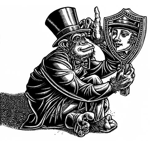 7 Deadly Sins: Pride (monkey looking in mirror, seeing handsome man)