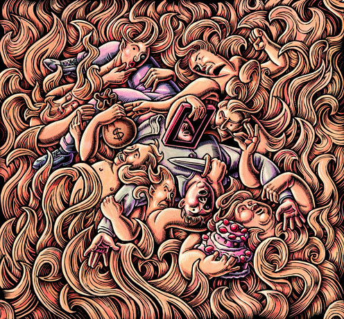 Even Deadlier Cover Illustration (man engulfed in anthropomorphised flames) I loved the way the first cover turned out (for "The 7 Deadly Sins Sampler"), and since this volume was going to be packaged with the first in a set, I wanted this one to be similar in theme. So most of the ideas had figures representing the sins again.  In college, I did a huge painting (probably 6' tall) of a 'descent into hell' (I think I was rather fond of Bosch at the time, as are many teenagers!); and so I was pushing the idea that they eventually chose. I like having an upside-down figure, it's so innately disturbing to put the head at the bottom of the page, and the feet at the top. 