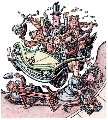 "Investors oblivious to continuing risks of credit crunch worries some analysts"  I became re-acquainted with The Tribune when I visited Chicago last summer.  For this Third Quarter business section cover, they wanted an illustration to convey how out of control the economy was: the housing market, the stock market, consumer debt, etc.  All at once!  I came up with a lot of ideas, but the crazy car won out, and I love it. The central figure in the top hat came to me in a dream... I wish I could dream illustration solutions more often!