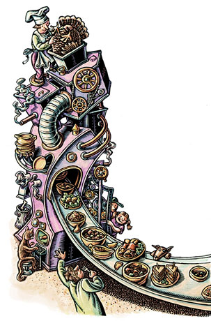 "Americans buy some 675 million pounds of turkey around Thanksgiving, an average of 2 1/4 pounds per person, which makes the turkey industry gobble with glee.  What we never hear about, though, is how much turkey is wasted annually, such as the wings that are left to sit in a ziplock bag in the back of the refrigerator until someone furtively tosses them in the trash."  This article sought to put an end to all that! I always make turkey soup. The challenge here was to try to make something that wouldn't offend too many vegetarians, (I've appeared in some angry blogs, I found when I Googled myself)... in the end, I let the editors decide. I was a little surprised that they went with the guy stuffing the turkey into the grinder, but what the heck. It's true enough!