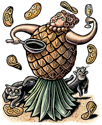 (Pineapple lady flipping crepes)