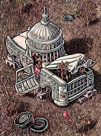 "Nothing becomes an empire like its fall. If Rome and the British Empire are any example, find out why America may be going down the same road..."  A mechanic friend once used the expression "in the weeds" to describe a hopeless, unfixable situation. I thought it was an awesome metaphor! So when I had to come up with a fresh symbol for America as fallen empire, his phrase came to mind. (Well, it came to mind after I got that final scene from 'Planet of the Apes' out of my mind.) This must have been an easy one; I came up with so many ideas!  This illustration won the Gold Medal at the Colorado Alliance of Illustrators show last year