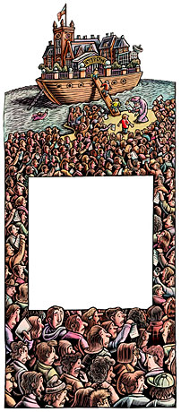 "A WSJ study finds that certain high schools have a remarkable record of sending their students to elite colleges"  This illustration got bigger and bigger as the deadline got closer and closer; they found they had an extra inch or two for art on an already BIG page. So I added more anxious students at the bottom, which worked out well, as you can see their expressions more clearly. As you can see, I proposed a bunch of solutions, all with the usual cast of thousands... sheesh! What was I thinking? But this time, it was a good thing, 'cause it enabled additions.