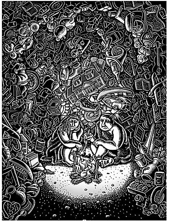 David Brooks is known for his book "Bobos in Paradise: The New Upper Class and How They Got There", which examines our culture from a consumerist angle (you drink Starbucks and see independent movies, therefore you are in an 'upper' social class). This essay compares this method unfavorably with previous (less materialist) methods of dissecting American society.  The author suggests there is something more fundamental to be said about us as people, besides what we surround ourselves with. So here's some basic people, (cavemen! What could be more basic!), pondering their basic, unspeakable human problems, even as they live in a cave of cool stuff