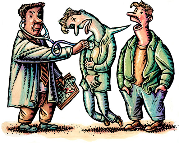 (doctor examines man shaped talk bubble) "Every doctor recognizes them.  The man who discovers a bruise on his thigh and becomes convinced that it is leukemia. The woman who examines her breasts so frequently that she makes them tender, then decides that the soreness means she has cancer. The man who has suffered from heartburn all his life but after reading about esophageal cancer has no question that he has it."