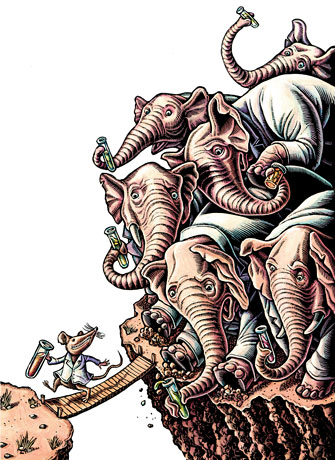 (elephants can't cross bridge that mouse can) "While big drug-makers stumble, their nimbler rivals are delivering products - and profits"  "If you're looking for a growth play in the drug business, small is better.  Small Pharma, known to Wall Streeters as the specialty pharmaceuticals sector, is brimming with innovative little companies that are often overlooked by investors."  So for this one, it was definitely going to be a big/small theme. What's big? What's small? Aesop's fables were some of my favorite reading as a kid, so I think that influenced my love of allegorical animals. 